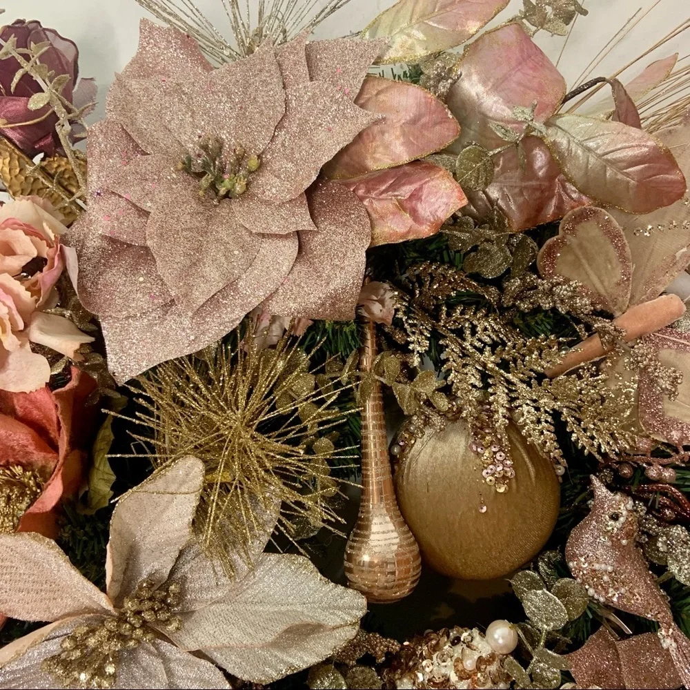 Rose Gold Blush Christmas Poinsettias Door Wall Wreath Romantic Victorian Wreath